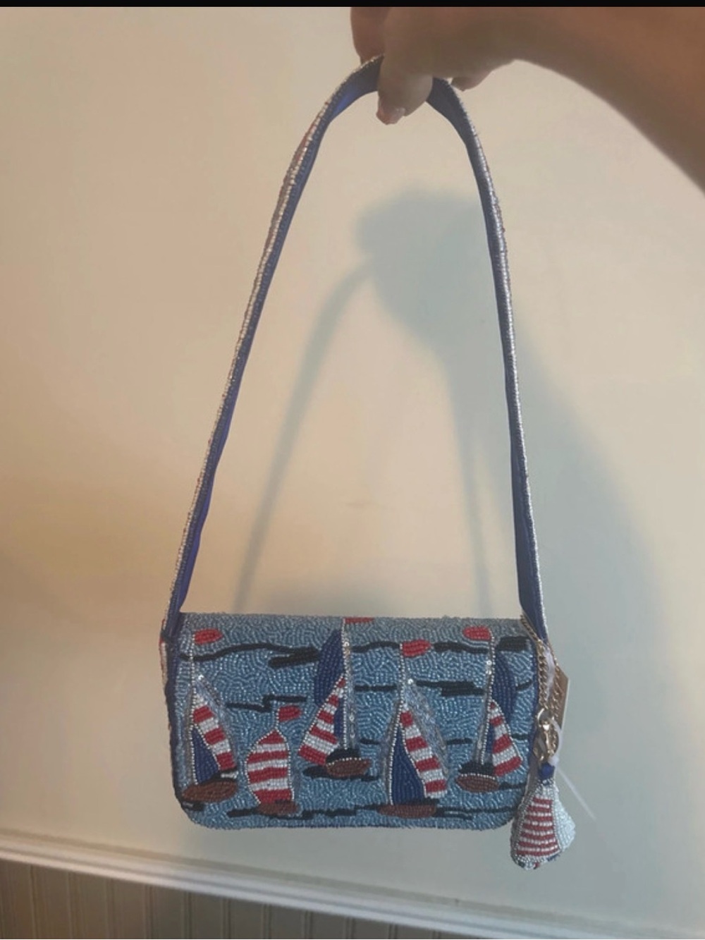 Beaded Sailboat Shoulder Bag in Blue